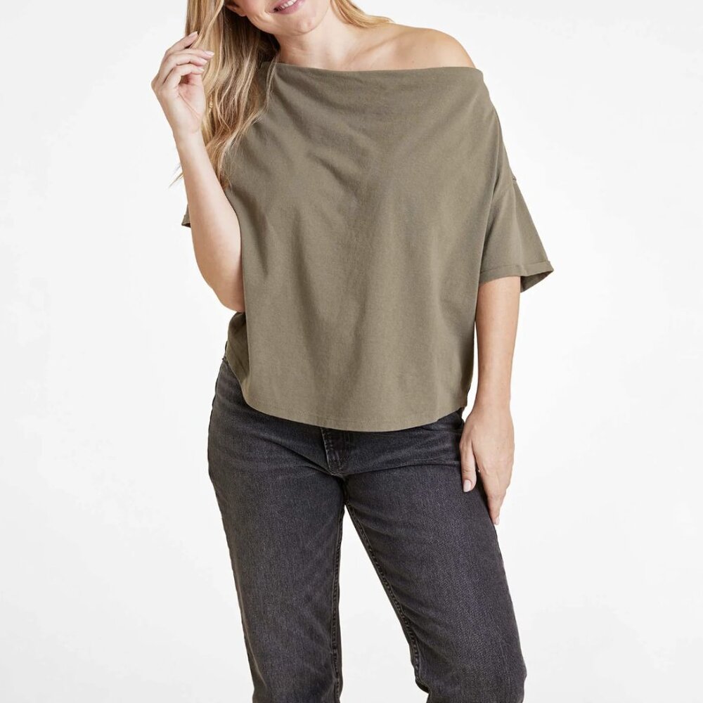 Nuuds Olive Green Vintage Cotton Off The Shoulder T-Shirt